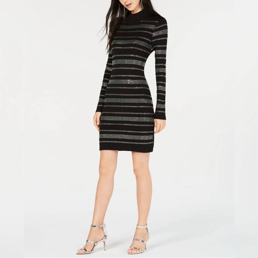 Bar III Black Rhinestone Stripe Bodycon Sweater Dress Women's Size XS